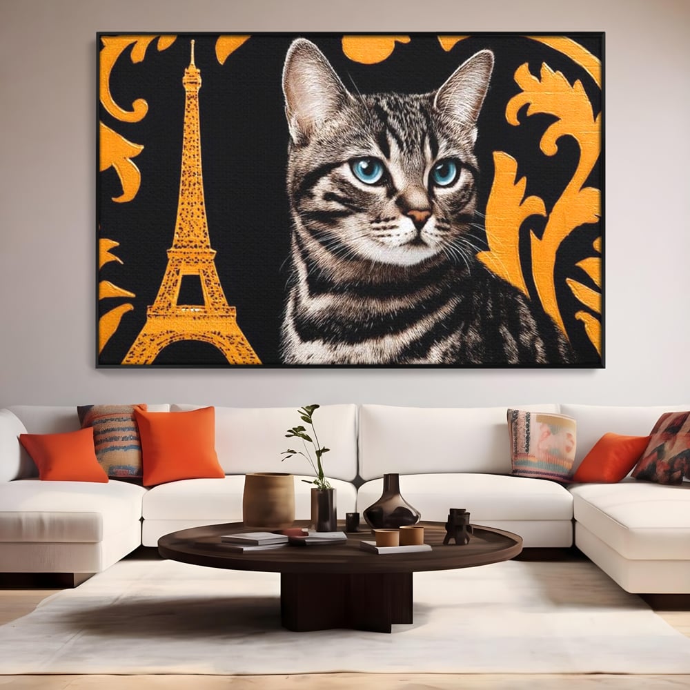 Tablou canvas cu tablou canvas cu pisica si turnul eiffel, in rama de aluminiu negru, pe perete intr-un living